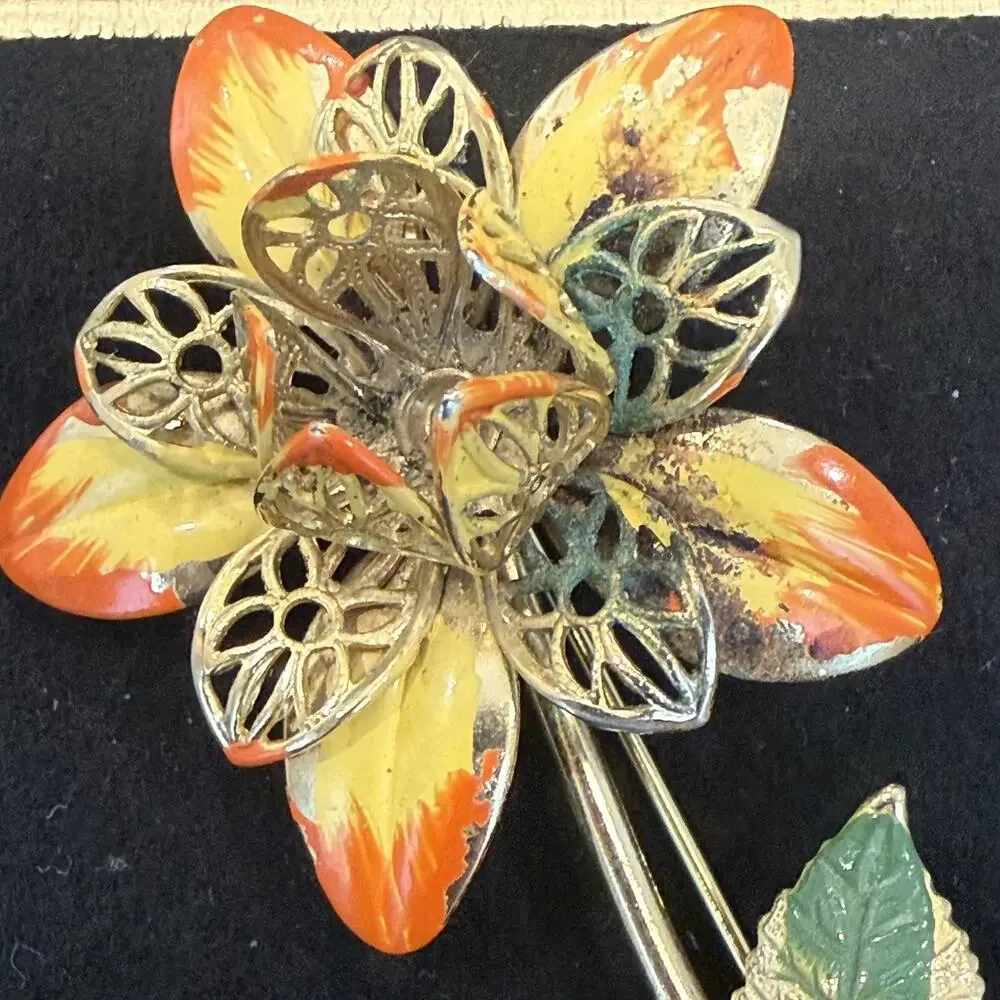 Vintage Enamel Metal Filigree Flower Brooch Yellow, Orange, Green Colors